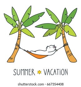 Summer vacation. Doodle vector illustration of funny white cat relaxing in a hammock