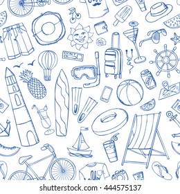 Summer vacation doodles fashion wear seamless pattern.Vector hand drawing Beach party,travel symbols,icons.Summertime season,retro decor,retro holiday background.Fashion clipart,Sketch,illustration