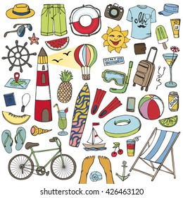Summer vacation doodles.Vector hand drawing fashion wear set.Beach party,travel symbol,icon.Isolated element.Summertime season,retro decor,retro holiday background.Fashion clipart,Sketch,illustration