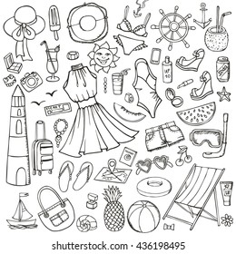 Vector de la mano que dibuja el vestido de la mujer de la moda, desgaste fijado. Fiesta de la playa, símbolos del viaje, iconos.