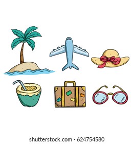 summer vacation drawing with suitcase, glasses, coconut drink and beach