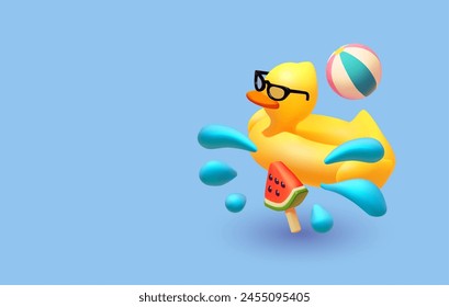 Vacaciones de verano. Anillo de piscina de pato, helado de sandía y bola. Relájate en el mar. Diseño infantil. Elementos realistas de Vector de procesamiento 3D