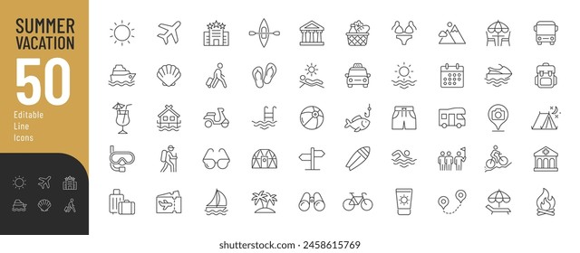 Summer Vacation Editable Icons set. Vector illustration in modern thin line style of travel related icons: sea, surfing, beach, hotel, and more. Pictograms and infographics for mobile apps.