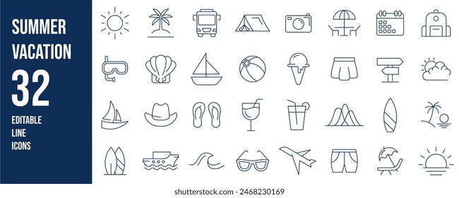 Summer Vacation Editable Icons set. Vector illustration in modern thin line style of travel related icons: sea, surfing, beach, hotel, and more. Pictograms and infographics for mobile apps