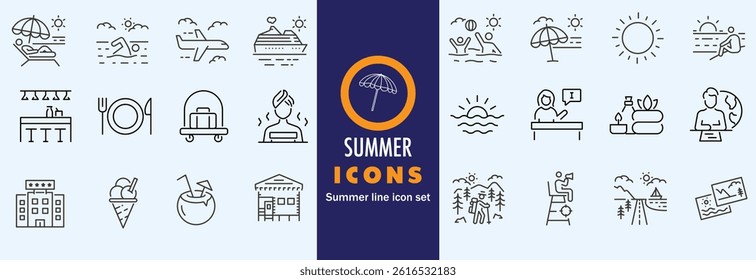 Summer Vacation Editable Icons set. Vector illustration in modern thin line style of travel related icons sea, surfing, beach, hotel, and more.