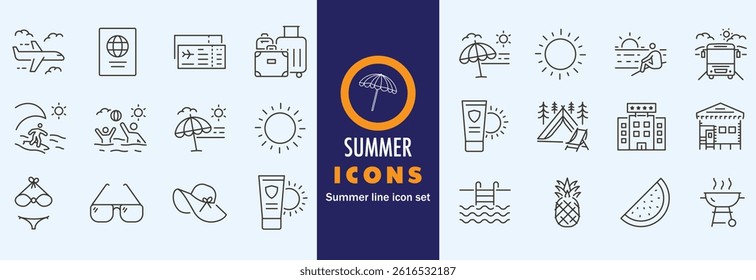 Summer Vacation Editable Icons set. Vector illustration in modern thin line style of travel related icons sea, surfing, beach, hotel, and more.