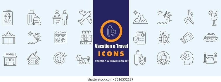 Summer Vacation Editable Icons set. Vector illustration in modern thin line style of travel related icons sea, surfing, beach, hotel, and more.