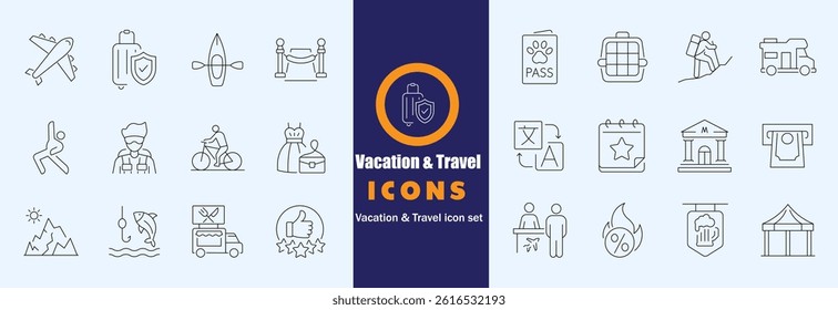 Summer Vacation Editable Icons set. Vector illustration in modern thin line style of travel related icons sea, surfing, beach, hotel, and more.