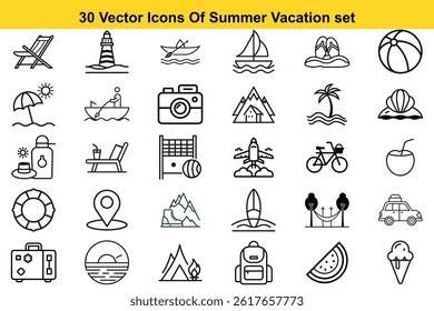 Summer Vacation Editable Icons set Collection. Vector illustration in contemporary minimal line style featuring travel-themed icons: ocean, surfing, seaside, resort, and more.