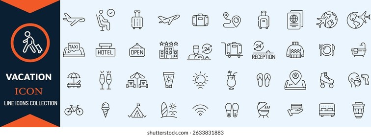 Summer Vacation Editable Icons set. Vector illustration in modern thin line style of travel related icons sea, surfing, beach, hotel, and more. Pictograms and infographics fo