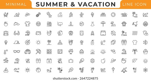 Summer Vacation Editable Icons set (Ícones editáveis nas férias de verão). Ilustração vetorial em estilo de linha fina moderna de ícones relacionados a viagens.