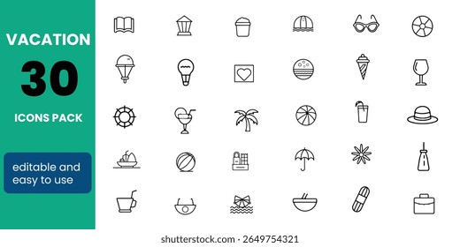 Summer Vacation Editable Icons set. Vector illustration in modern thin line style of travel-related icons pack: sea, surfing, beach, hotel, drink, and more. Pictograms and infographics for mobile apps