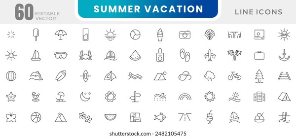 Summer vacation Editable line Icon set. Travel, sea, surfing, beach, hotel, airport, tickets, tour, relax outline icon collection. UI thin outline icons pack.