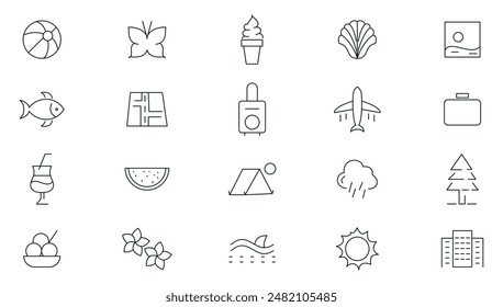 Sommerferien Editable Zeile Icon Set. Reisen, Meer, Surfen, Strand, Hotel, Flughafen, Tickets, Tour, Relax Outline Icon Kollektion. UI Thin Outline Icons Pack.