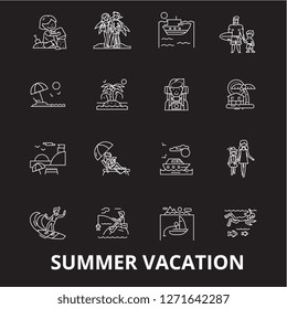 Summer vacation editable line icons vector set on black background. Summer vacation white outline illustrations, signs, symbols