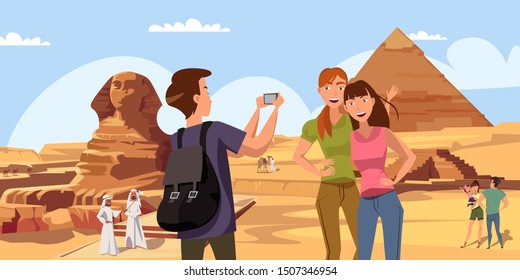 Summer vacation in Egypt flat vector illustration. Friends and family, tourists cartoon characters. Men and women sightseeing, taking photos. Exotic tourism, holiday adventure. Egyptian architecture