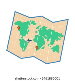 Summer vacation element for flight trip concept. World map and location mark.