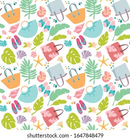 Summer vacation elements seamless pattern. Beach bags, swimwears, slippers, beach bags, tropical decoration, palm leaves and cocktails. Vector illustration on white background.