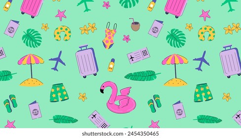 Elementos de vacaciones de verano sin patrón en el fondo verde. Fondo de pantalla de viaje colorido. Fondo de los artículos de verano. Diseño para textil, papel de embalaje y decoración de verano de vacaciones.