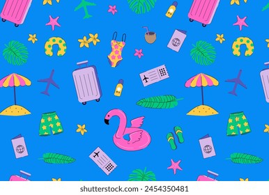 Summer vacation elements seamless pattern on blue background. Colourful travel wallpaper. Summer items backdrop. Design for textile, wrapping paper and holiday summer decor.