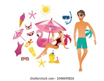 Summer vacation elements set. Cartoon travel holiday object character. Beach girl under sun umbrella man holding ball. Vector illustration pink flamingo pool ring snorkel starfish swimsuit sand scoop