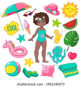 Summer vacation elements set. Collection of summer beach accessories for kids. Vector illustration of a cute negro girl, hats, glasses, flip flops, beach umbrella, ice cream, soft drink and cartoon