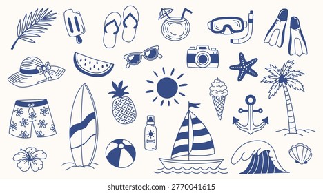 Summer vacation elements set in flat line style. Collection of beach and travel blue icons including palm, sun, surfboard, boat, sunglasses. Perfect for seasonal design, stickers and illustrations.
