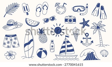 Summer vacation elements set in flat line style. Collection of beach and travel blue icons including palm, sun, surfboard, boat, sunglasses. Perfect for seasonal design, stickers and illustrations.