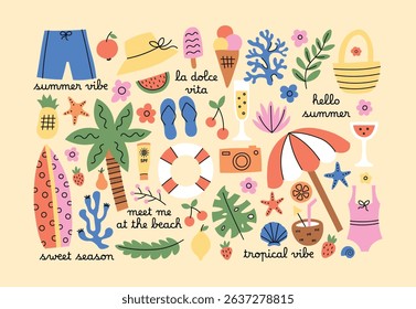 Summer vacation elements set. Tropical, beach, nautical, marine, sea, ocean illustrations collection, stickers for daily planner, scrapbooking, cards. Simple hand drawn style.