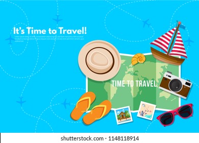 Summer vacation elements. It’s Time to Travel text. Travel concept background. Flat design vector illustration