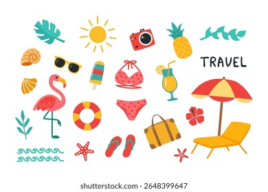 Summer vacation elements travel set with beach icons, flamingo, umbrella, cocktail, swimsuit, sun, flat colorful vector on white. For planners, stickers, posters, social media, print and digital use.