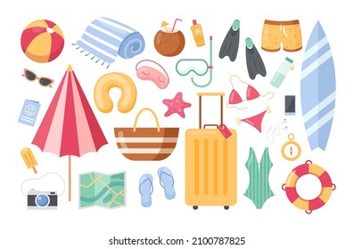 Summer vacation elements. Vector set of cartoon travel accessories with umbrella, map, camera, passport, snorkeling mask, bikini, surfboard, luggage. Beach objects for summertime poster, beach party