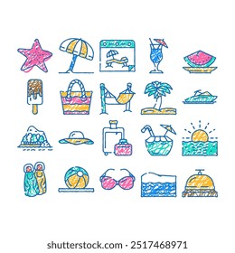 summer vacation enjoying traveler doodle icons set vector. sketch line art hammock and umbrella for resting summer vacation, exotic cocktail and tropic fruit food for enjoy sandy color illustrations