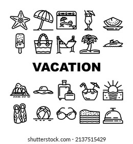 Summer Vacation Enjoying Traveler Icons Set Vector. Hammock And Umbrella For Resting Summer Vacation, Exotic Cocktail And Tropic Fruit Food For Enjoy On Sandy Beach Black Contour Illustrations