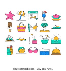 Summer Vacation Enjoying Traveler Icons Set Vector. Hammock And Umbrella For Resting Summer Vacation, Exotic Cocktail And Tropic Fruit Food For Enjoy On Sandy Beach color Contour Illustrations