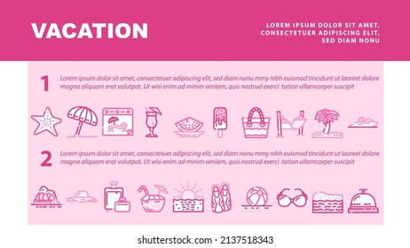 Summer Vacation Enjoying Traveler Landing Web Page Header Banner Template Vector. Hammock And Umbrella For Resting Summer Vacation, Exotic Cocktail And Tropic Fruit Food For Enjoy Sandy Illustration
