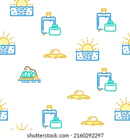 Summer Vacation Enjoying Traveler Vector Seamless Pattern Color Line Illustration