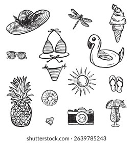 Summer vacation equipment. Straw hat, swimming suit, dragonfly, flamingo inflatable float, camera, beverage in black brush stroke texture. Hand drawn vector sketch illustration in vintage charcoal ink