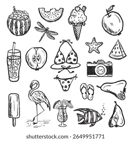 Summer vacation equipment. Straw hat, swimming suit, dragonfly, flamingo, watermelon camera, beverage in black brush stroke texture. Hand drawn vector sketch illustration in vintage charcoal ink