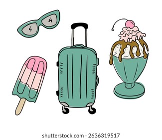 Summer vacation essentials with ice cream, suitcase, sunglasses and popsicle in hand drawn style. Concept of travel, summer leisure and refreshing treats in a colorful doodle composition