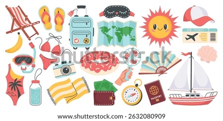 Summer Vacation Essentials Set. Colorful Travel and Beach Themed Icon Collection, Including Swimsuit, Suitcase, Sun, Map, Passport, Lifebuoy, Yacht