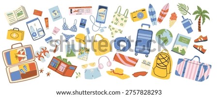 Summer vacation essentials set. Summer travel elements for airport. Travel luggage, trip packing, mediterranean items. Vector illustration in cartoon flat style. Seaside beach icons