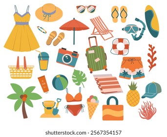 Summer Vacation Essentials: A vibrant collection of summer holiday icons, including clothing, accessories, beach gear, and travel items. Perfect for travel blogs, websites, and social media.