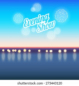 Summer vacation evening show poster with sea and fireworks
