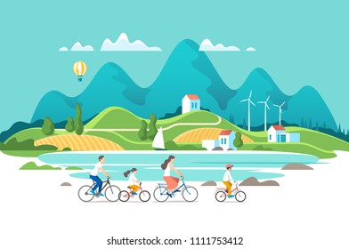 Summer vacation. Family are riding on bicycles on the natural landscape background. Vector illustration.