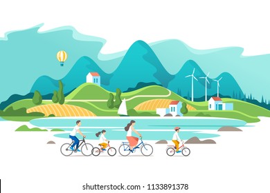 Summer vacation. Family are riding on bicycles on the natural landscape background. Vector illustration.