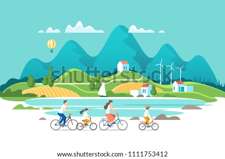 Summer vacation. Family are riding on bicycles on the natural landscape background. Vector illustration.