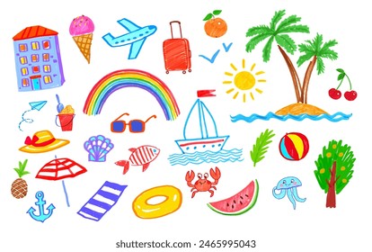 Vacaciones de verano de fieltro pluma dibujado a mano Ilustraciones vectoriales colección de dibujos de niños y garabatos