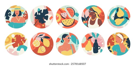 Summer vacation feminine round social media story highlight covers vector illustration. Fashion round backgrounds, creative circles with trendy summertime travel and rest design isolated set