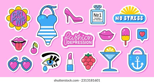 Camisetas femeninas de vacaciones de verano preparadas. Iconos de estilo retro plano coloridos, ilustraciones vectoriales. Tema de moda de verano. Leyendo citas. 